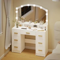 HOMCOM Coiffeuse avec Miroir, Lumières LED Réglable 3 Couleurs, 7 Tiroirs, 3 Compartiments Ouverts, 110 x 40 x 150 cm, Blanc(m-2)