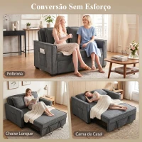 HOMCOM Sofá-Cama 2 Lugares 3 em 1 com Encosto Ajustável Bolsos Laterais 2 Almofadas para Sala Cinza Escuro(m-4)