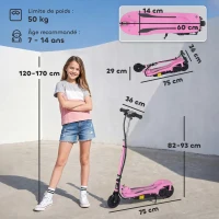 HOMCOM Trottinette électrique pliante pour enfant de 7+ans, 120W Vitesse max 12km/h, 75x36x82-93 cm rose(m-3)
