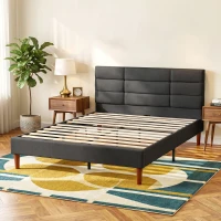 HOMCOM Cadre de Lit 140 x 200 cm avec Sommier Bois, Lit Double Rembourré en Effet Lin, Rangement au-dessous, Sans Bruit, Gris(m-2)
