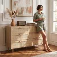 HOMCOM Chest of Drawers, 6-Drawer Dresser, Tall Storage Drawer Unit with Rattan Element for Bedroom, Living Room, Oak(m-7)