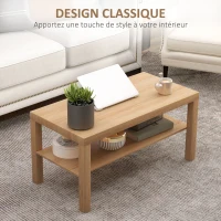 HOMCOM Table basse de salon, table d'appoint rectangulaire à 2 niveaux avec étagère de rangement, 90x45x44,5cm, bois naturel(m-4)