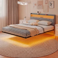HOMCOM Floating Bed Frame, Upholstered 5ft King Size Bed, Platform Bed with RGB LED Lights and Charging Station, Grey(m-11)
