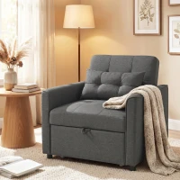 HOMCOM Fotoliu Pat Single 3 în 1 din Material Textil Tip In și Lemn cu Spătar Reclinabil, Pernă, Buzunare, Gri(m-10)