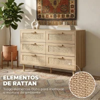 HOMCOM Cómoda para Quarto com 6 Gavetas e Frontal de Vime Pés de Madeira Estilo Bohemio 110x40x75 cm Madeira(m-5)