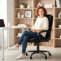 HOMCOM Silla de Oficina Ergonómica en Tejido Efecto Lino, Altura Regulable, Función Balanceo, Capacidad 120 kg, Negro(m-5)