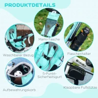 HOMCOM Kinder Driewieler, Loopfiets, Achtermand, Bekerhouder, Zonnedak, Metaal, Groen(m-7)
