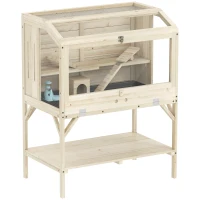 PawHut Hamsterkooi, 2 niveaus, kleindierkooi met opbergvak, accessoires, 84 x 53 x 110 cm, natuurhout(m-1)