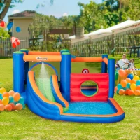 Outsunny springkasteel, met ruches, springkussen, zwembad, opblaasbaar, incl. elektrische pomp, voor maximaal 3 kinderen, 380 x 340 x 170 cm(m-2)