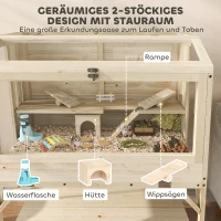PawHut Hamsterkooi, 2 niveaus, kleindierkooi met opbergvak, accessoires, 84 x 53 x 110 cm, natuurhout(m-4)
