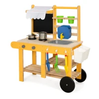 AIYAPLAY Cuisine enfant en bois avec roulettes, cuisine enfant exterieur avec eau courante, évier, plaque de cuisson, jaune(m-13)