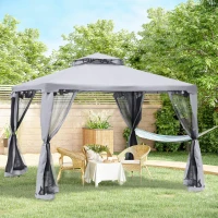 Outsunny Pérgola de Jardim 294x294x265cm com Duplo Teto de Ventilação 8 Orifícios de Drenagem e 4 Telas Mosquiteiras Cinza(m-15)