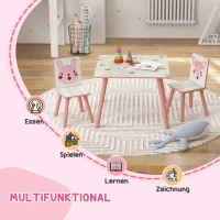 ZONEKIZ Kinderset van grenenhout, tafel met 2 stoelen, dierenmotief, kinderkamer, 3-8 jaar, roze(m-4)