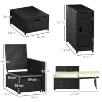 Outsunny 5PC PE Rattan Sun Lounger, Outdoor Wicker 5-level Adjustable Recliner Sofa Bed with Storage Side Table and Footstools, for Patio, Garden, Poolside, Black(m-3)