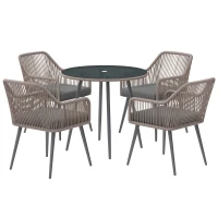 Outsunny 4 Seater Rattan Dining Set, Rattan Garden Furniture Set with Parasol Hole, Outdoor Dining Table and Chairs Set with Cushions, Round Glass Top Table for Patio, Balcony, Light Brown(m-1)