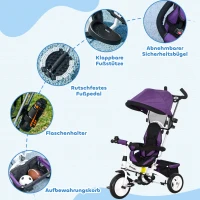 HOMCOM 6-in-1 Kinderdriewieler met Duwstang, Zonnedak, Gordel, Opbergmand, voor 1-5 Jaar, Paars(m-6)