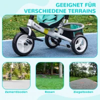 HOMCOM Kinder Driewieler, Loopfiets, Achtermand, Bekerhouder, Zonnedak, Metaal, Groen(m-6)