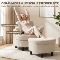 HOMCOM Fauteuil met opbergpoef, cordbekleding, omsluitende leesstoel met verstelbare hoofdsteun, brede zitting, crèmewit(m-6)