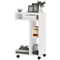 HOMCOM Table d'appoint en forme de C avec roulettes, avec 3 compartiments et 1 étagère ouverte, 40 x 30 x 69 cm, blanc(m-13)