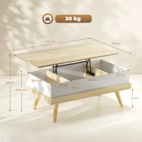 HOMCOM Mesa de Centro Elevable con 3 Compartimientos de Almacenaje Ocultos y Patas de Madera 100x79x54 cm Natural y Blanco(m-4)