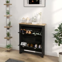 HOMCOM Armoire à chaussures 2 portes abattantes 2 compartiments poignées coquilles métal 79 x 23 x 90,5 cm noir chêne(m-10)
