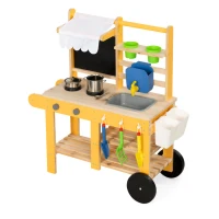 AIYAPLAY Cuisine enfant en bois avec roulettes, cuisine enfant exterieur avec eau courante, évier, plaque de cuisson, jaune(m-12)