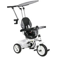 HOMCOM 6-in-1 Kinder Driewieler met Duwstang, Dak, Gordel, Opbergmand, voor 1-5 Jaar, Wit(m-11)