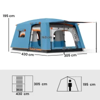 Outsunny Tenda da Campeggio per 4 Persone con 2 Stanze e Veranda, Impermeabile e UPF 30+, Borsa di Trasporto, Blu(m-3)