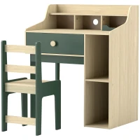 AIYAPLAY Conjunto de secretária e cadeira para criança com prateleiras de arrumação e gaveta, mobiliário infantil para 3 a 10 anos, verde(m-1)