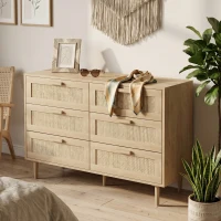 HOMCOM Commode 6 tiroirs meuble de rangement avec tissage en rotin dim. 110L x 40l x 75H cm Aspect Bois Clair(m-8)