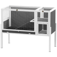 PawHut Kleindierhok voor dwerghamsters, konijnen, cavia's, met accessoires, verhoogd ontwerp, hout, metaal, grijs(m-10)