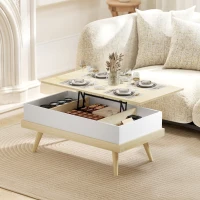 HOMCOM Mesa de Centro Elevable con 3 Compartimientos de Almacenaje Ocultos y Patas de Madera 100x79x54 cm Natural y Blanco(m-3)
