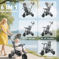 AIYAPLAY Kinderdreirad, 6-in-1 Buggy voor Kleuters, met Duwstang, Verstelbare Zitting, Vouwbaar Ontwerp, Veiligheidsnet, Grijs(m-4)