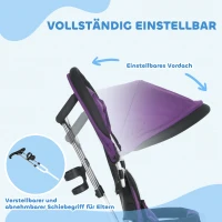 HOMCOM 6-in-1 Kinderdriewieler met Duwstang, Zonnedak, Gordel, Opbergmand, voor 1-5 Jaar, Paars(m-5)