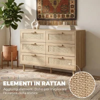 HOMCOM Cassettiera 6 Cassetti in Legno e Rattan Stile Boho per Soggiorno e Camera da Letto, 110x40x75 cm(m-5)
