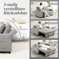 HOMCOM 2-osobowe łóżko-sofa, pokrycie sztruksowe, przekształcalne w sofę rozkładaną, 2 poduszki, kieszenie boczne, 157 x 190 cm, Jasnoszary(m-5)