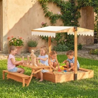 AIYAPLAY Arenero para Niños de Madera con Toldo Ajustable Mesa de Picnic con Bancos 6 Niños de 3-8 Años 184x110x120 cm Marrón(m-2)