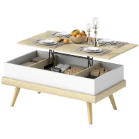 HOMCOM Mesa de Centro Elevable con 3 Compartimientos de Almacenaje Ocultos y Patas de Madera 100x79x54 cm Natural y Blanco(m-12)