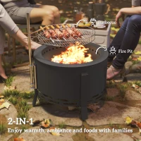 Outsunny Portable Fire Pit, 58 cm Round Firepit with Grill Grate, Fire Bowl with Ash Catcher and Poker, Fire Pit BBQ for Garden Camping Bonfire Picnic, Black(m-4)