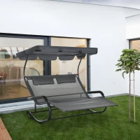 Outsunny Chaise longue double avec toit solaire appui-têtes bain de soleil à bascule ergonomique 2 roues 200 x 139 x 140 cm noir(m-10)