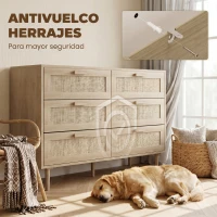 HOMCOM Cómoda para Dormitorio con 6 Cajones con Frontal de Ratán Patas de Madera Cajonera Estilo Bohemio 110x40x75 cm Roble(m-6)