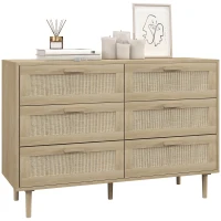 HOMCOM Commode 6 tiroirs meuble de rangement avec tissage en rotin dim. 110L x 40l x 75H cm Aspect Bois Clair(m-15)