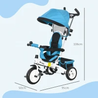 HOMCOM 6-in-1 Kinderdriewieler met Duwstang, Zonnedak, Gordel, Opbergmand, voor 1-5 Jaar, Blauw(m-3)