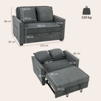 HOMCOM Sofá-Cama 2 Lugares 3 em 1 com Encosto Ajustável Bolsos Laterais 2 Almofadas para Sala Cinza Escuro(m-3)
