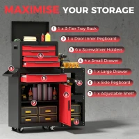 HOMCOM Tool Chest, Mobile Modular Tool Box with 5 Drawers, Side Rack, Pegboard, Lock, Tool Cabinet for Garage Workshop, Red(m-5)