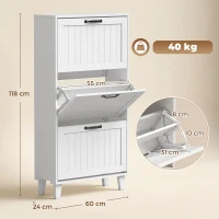 HOMCOM Mueble Zapatero 3 Cajones Abatibles Estantes Regulables Estrecho Blanco(m-3)