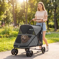 PawHut Carrinho para Cães Dobrável com um Botão até 30 kg com Suspensão em 4 Rodas Giratório e Travão de Pé Cinzento(m-10)