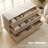 HOMCOM Commode 6 tiroirs meuble de rangement avec tissage en rotin dim. 110L x 40l x 75H cm Aspect Bois Clair(m-4)