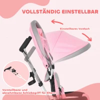HOMCOM 6-in-1 Kinderrdriewieler met Duwstang, Zonnedak, Gordel, Mandje, voor 1-5 Jaar, Roze(m-5)