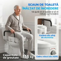 HOMCOM Înălțător WC pentru Vârstnici din HDPE cu Mânere Antialunecare, Lățime Reglabilă, Capacitate 136 kg, Alb(m-4)